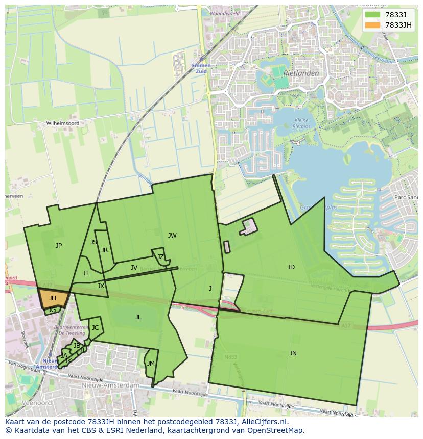 Afbeelding van het postcodegebied 7833 JH op de kaart.