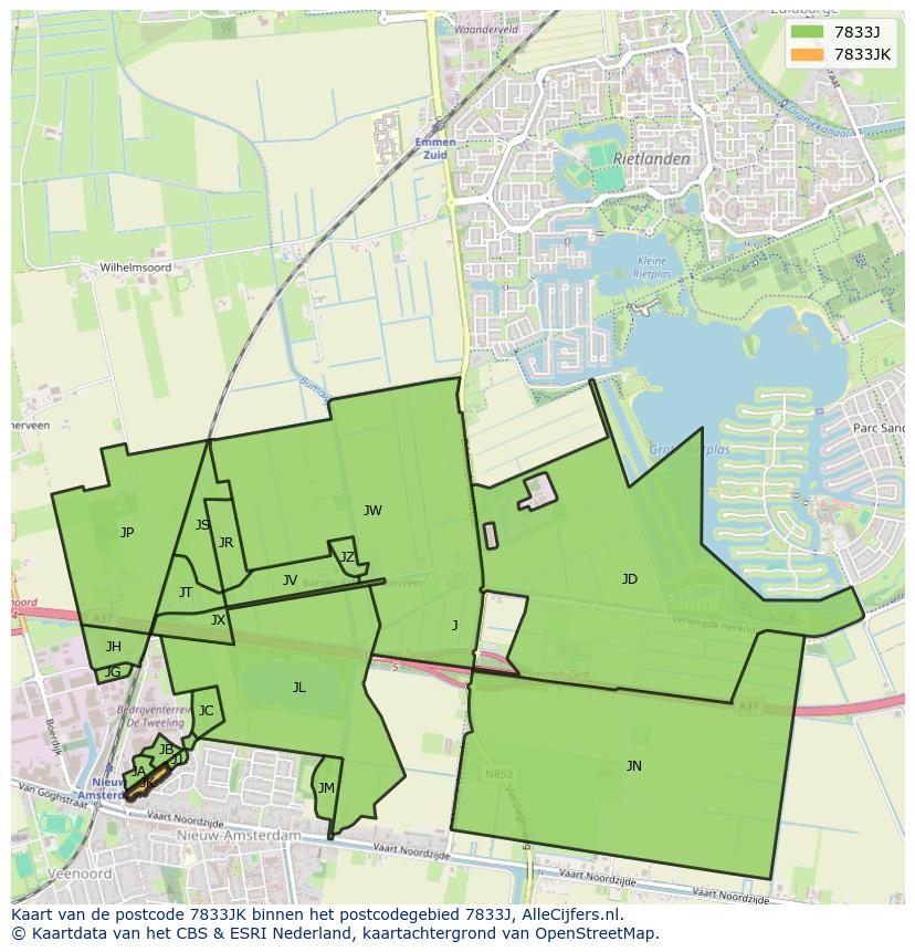 Afbeelding van het postcodegebied 7833 JK op de kaart.