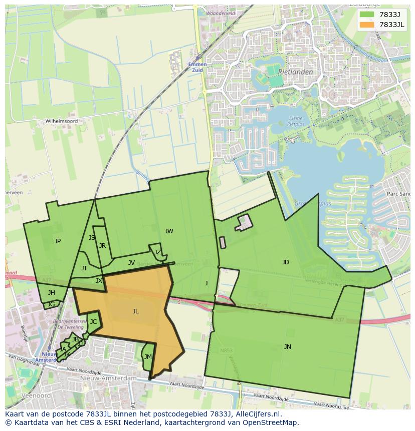Afbeelding van het postcodegebied 7833 JL op de kaart.