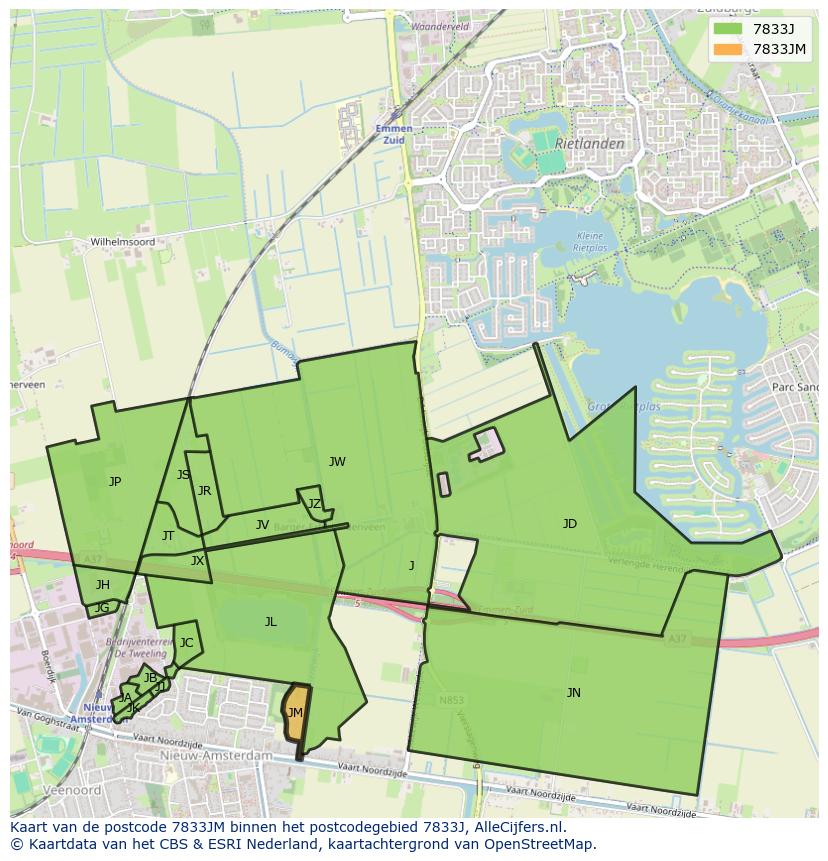 Afbeelding van het postcodegebied 7833 JM op de kaart.