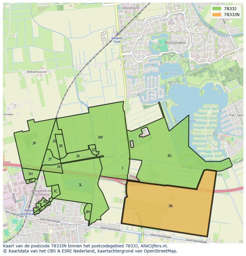 Afbeelding van het postcodegebied 7833 JN op de kaart.