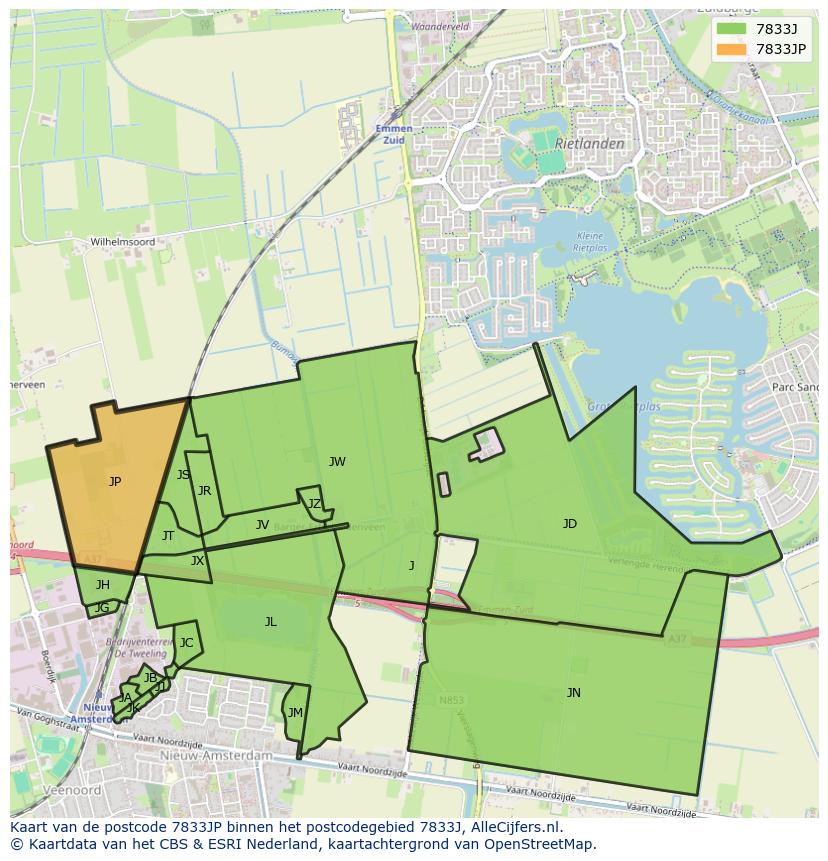 Afbeelding van het postcodegebied 7833 JP op de kaart.