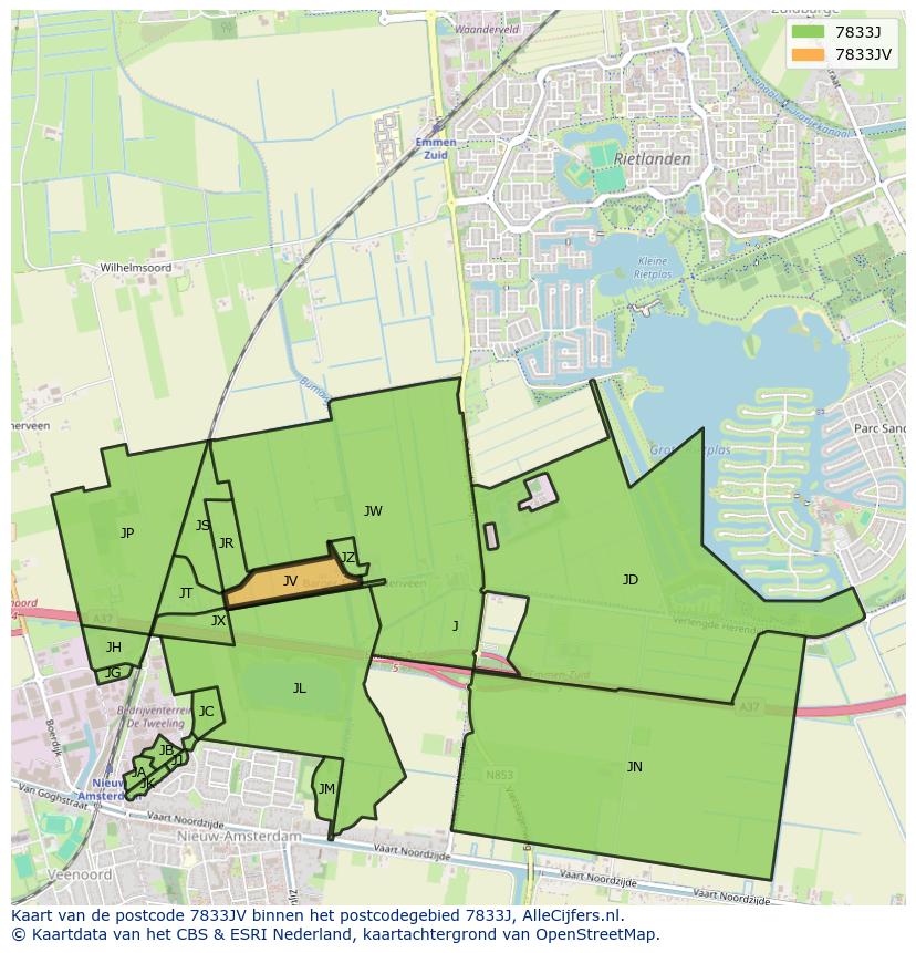 Afbeelding van het postcodegebied 7833 JV op de kaart.