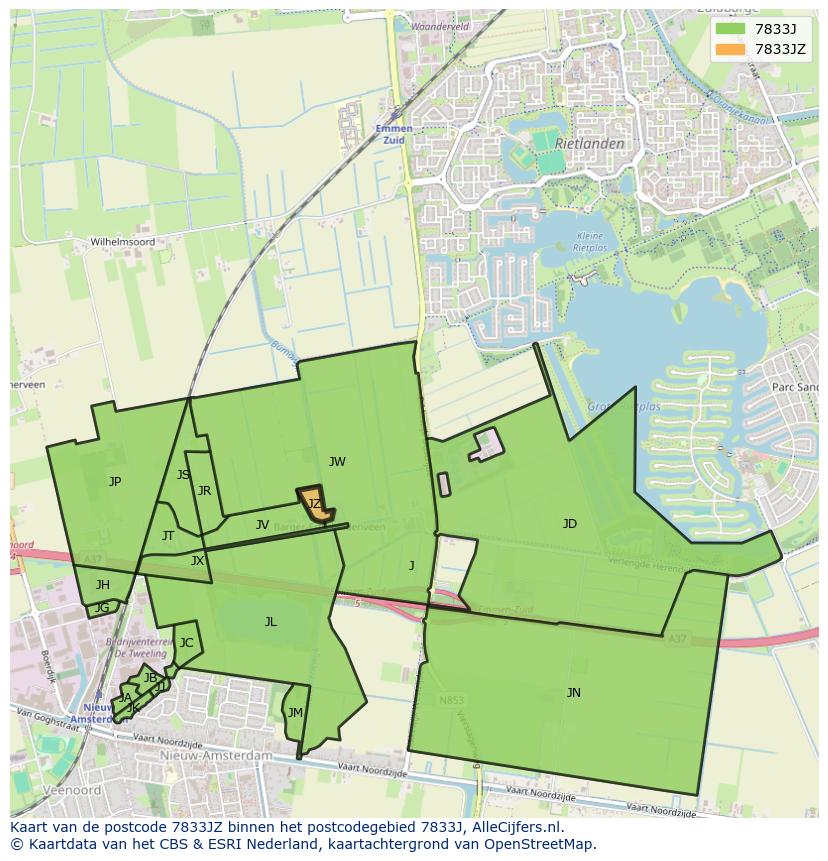 Afbeelding van het postcodegebied 7833 JZ op de kaart.