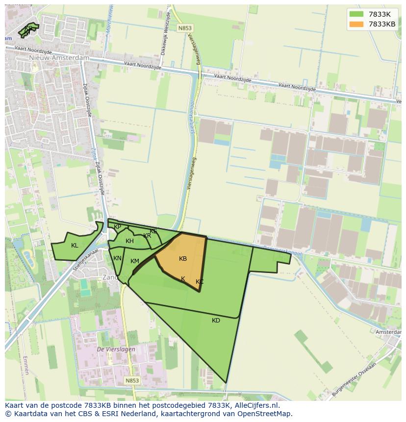 Afbeelding van het postcodegebied 7833 KB op de kaart.