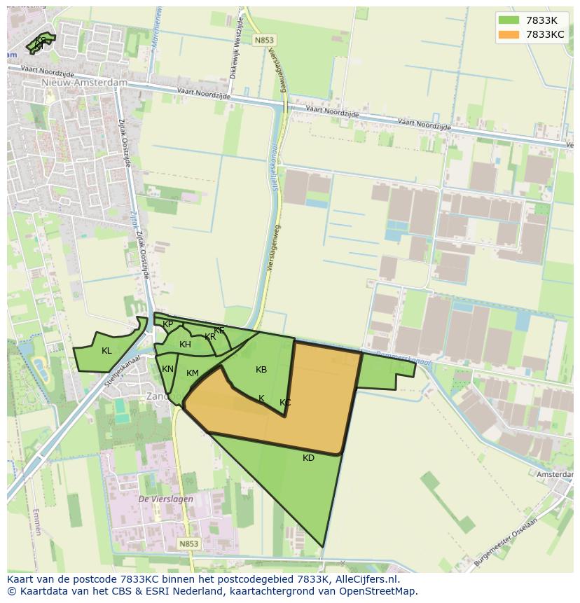 Afbeelding van het postcodegebied 7833 KC op de kaart.