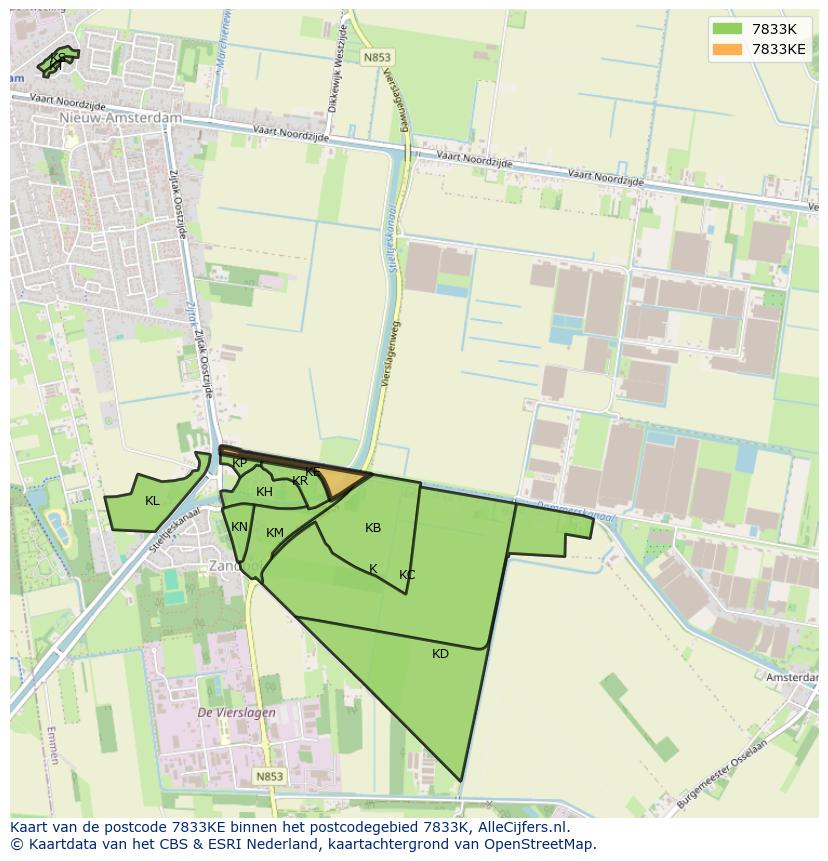 Afbeelding van het postcodegebied 7833 KE op de kaart.