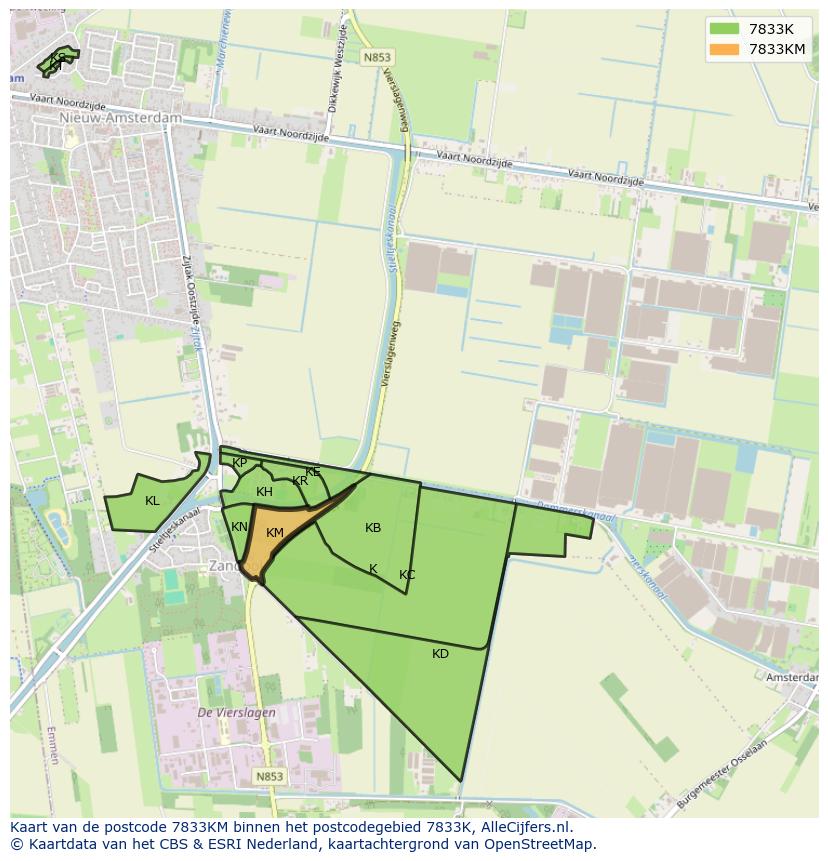 Afbeelding van het postcodegebied 7833 KM op de kaart.