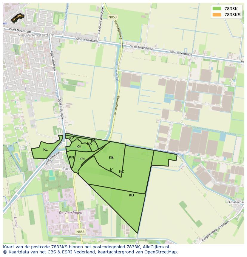 Afbeelding van het postcodegebied 7833 KS op de kaart.