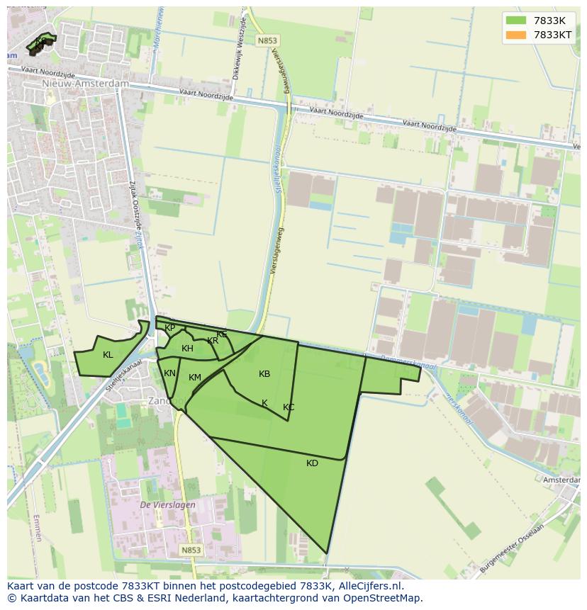 Afbeelding van het postcodegebied 7833 KT op de kaart.