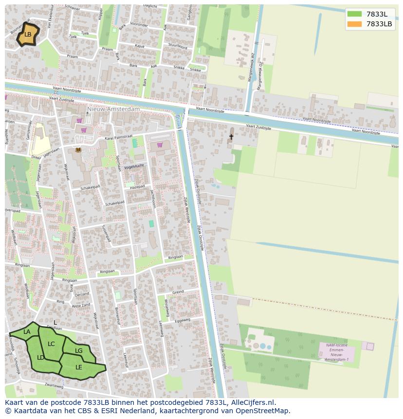 Afbeelding van het postcodegebied 7833 LB op de kaart.