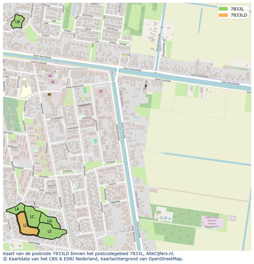 Afbeelding van het postcodegebied 7833 LD op de kaart.