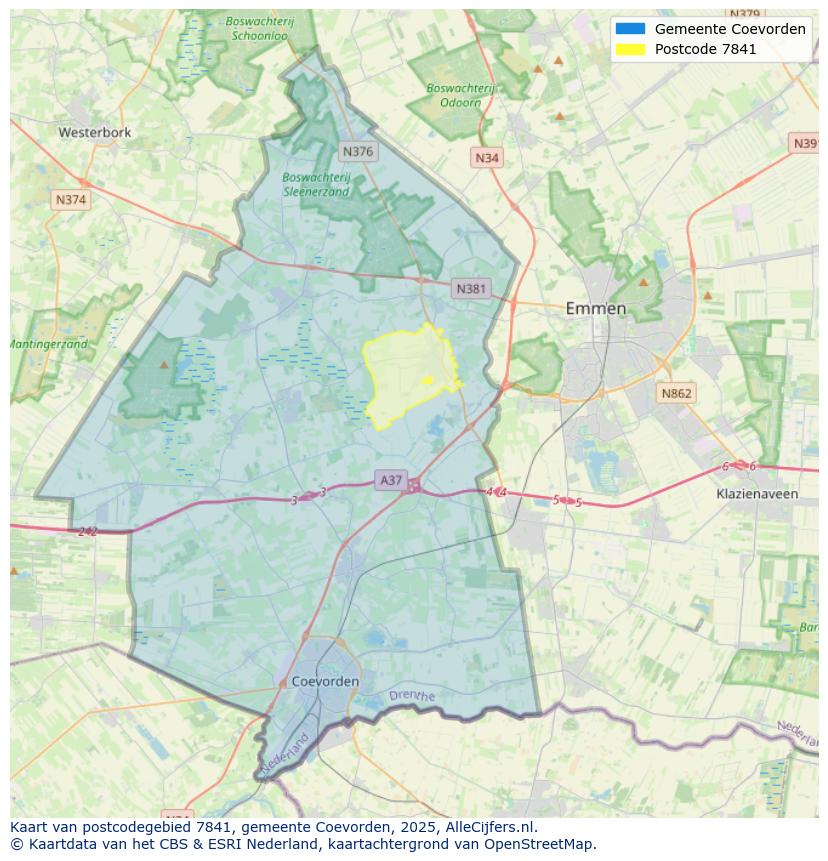 Afbeelding van het postcodegebied 7841 op de kaart.