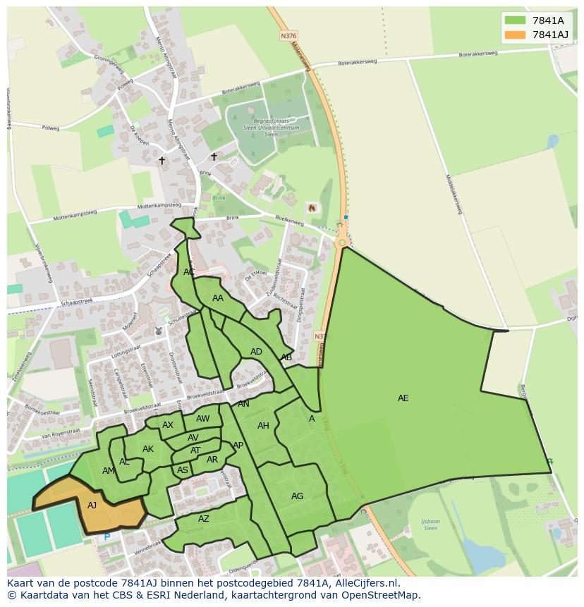 Afbeelding van het postcodegebied 7841 AJ op de kaart.