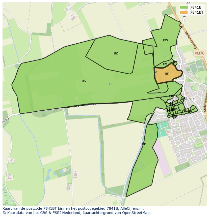 Afbeelding van het postcodegebied 7841 BT op de kaart.