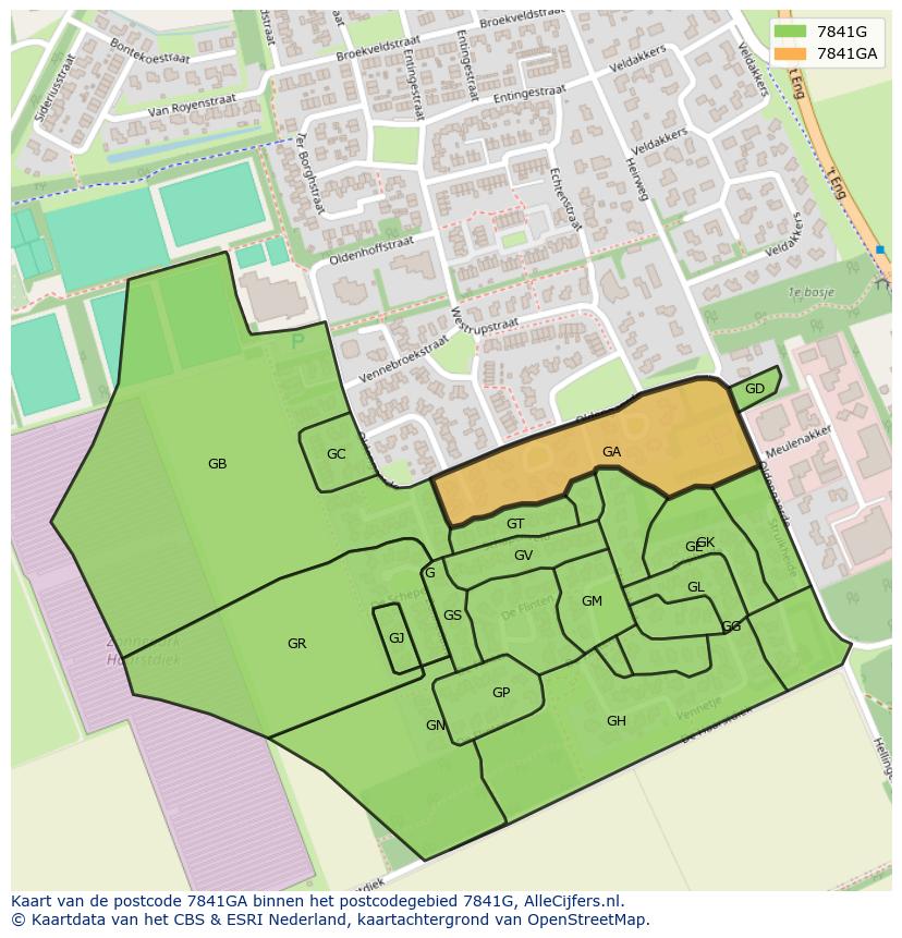 Afbeelding van het postcodegebied 7841 GA op de kaart.