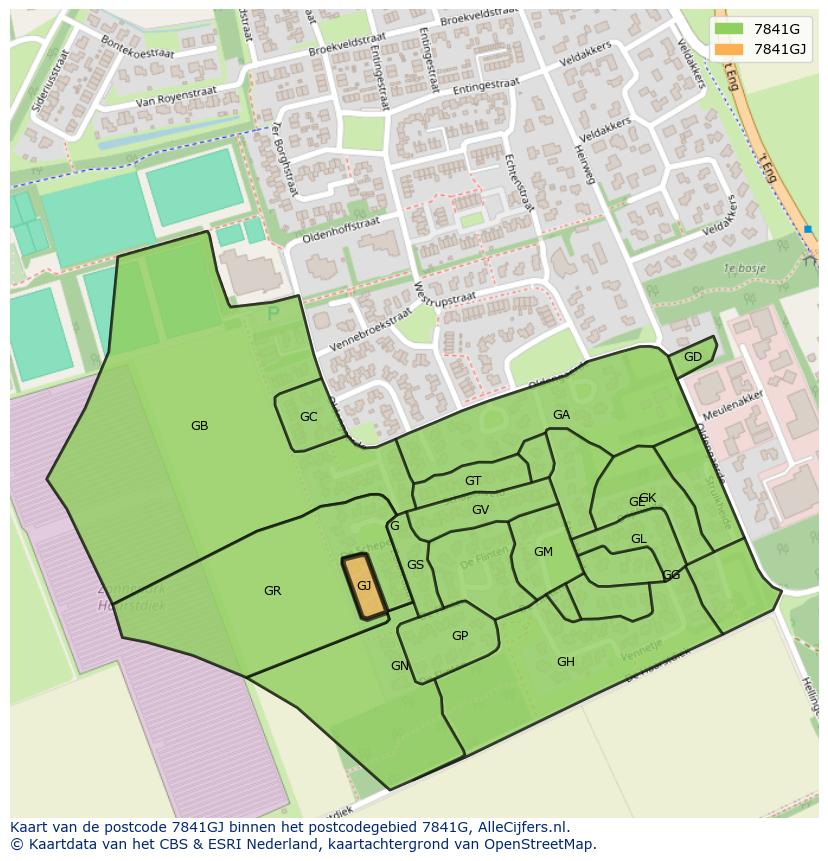 Afbeelding van het postcodegebied 7841 GJ op de kaart.