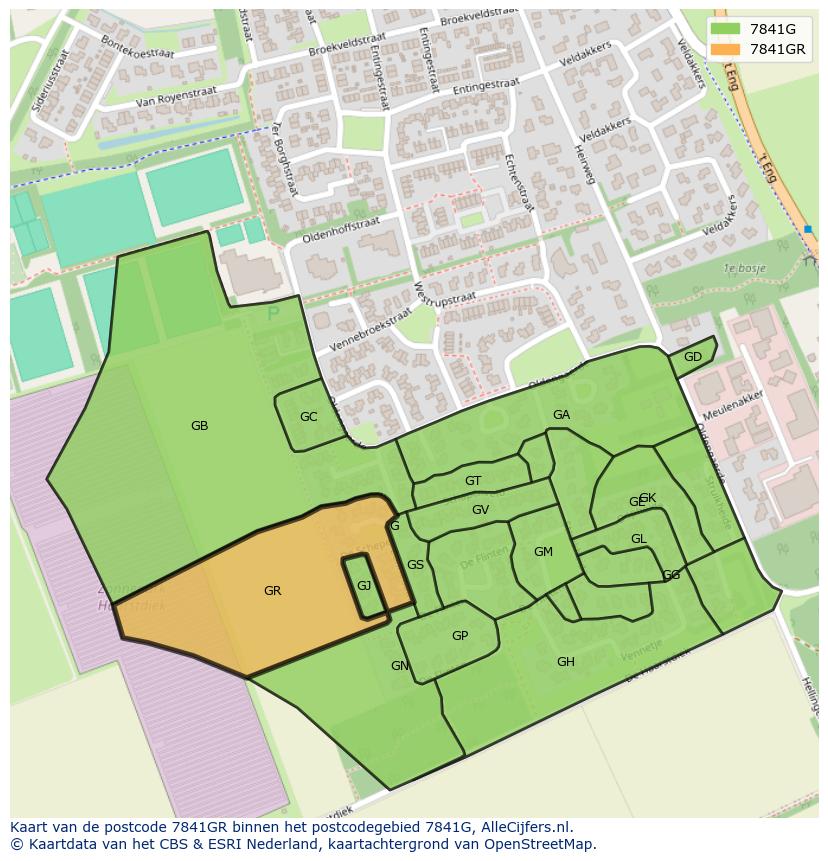 Afbeelding van het postcodegebied 7841 GR op de kaart.