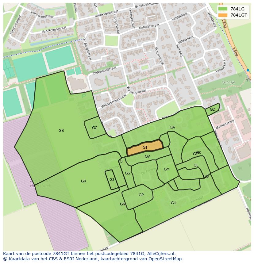 Afbeelding van het postcodegebied 7841 GT op de kaart.