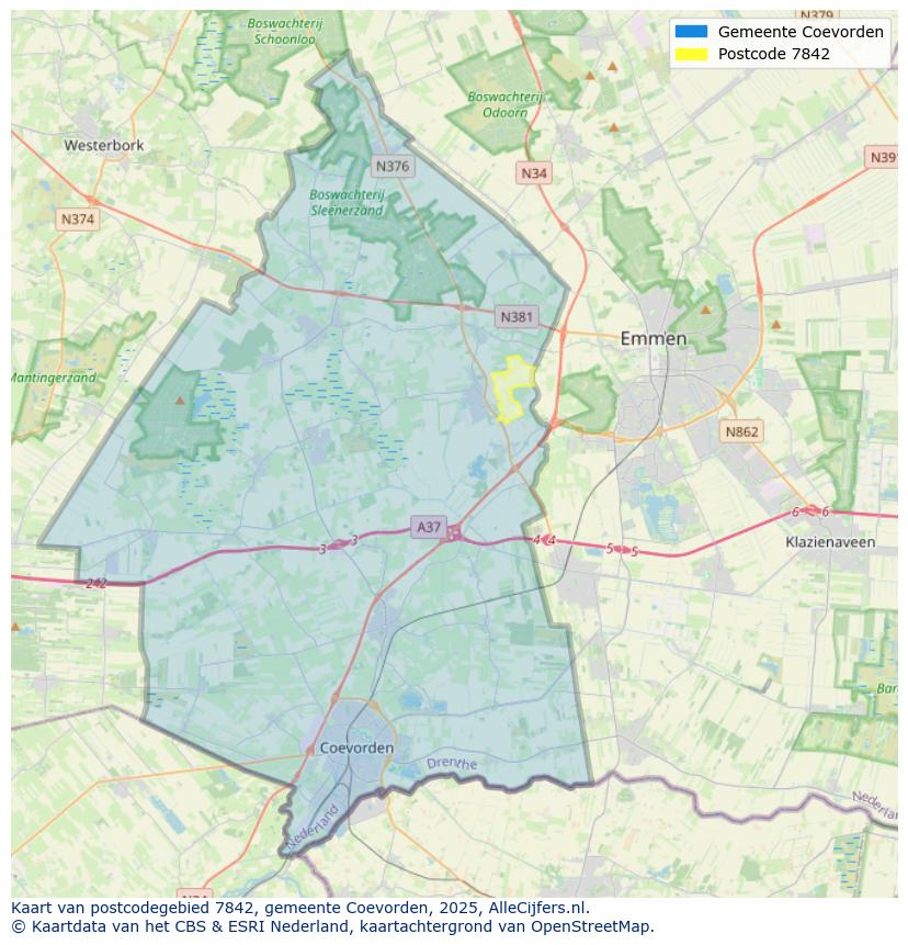 Afbeelding van het postcodegebied 7842 op de kaart.