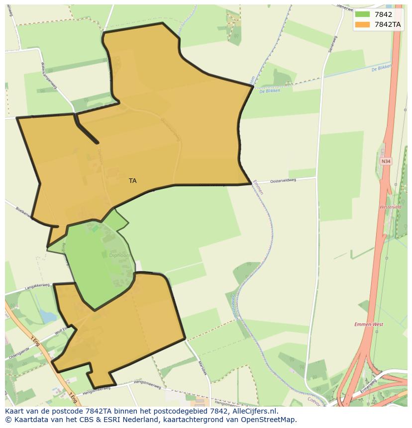 Afbeelding van het postcodegebied 7842 TA op de kaart.