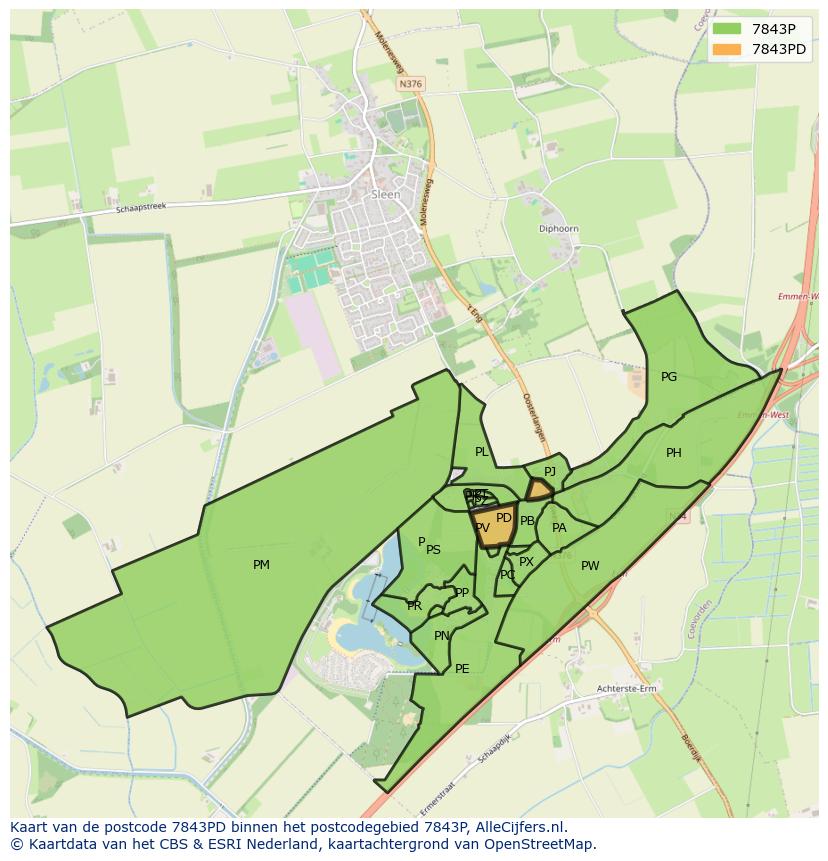 Afbeelding van het postcodegebied 7843 PD op de kaart.