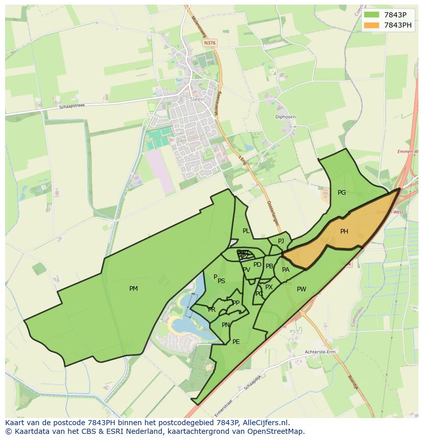 Afbeelding van het postcodegebied 7843 PH op de kaart.