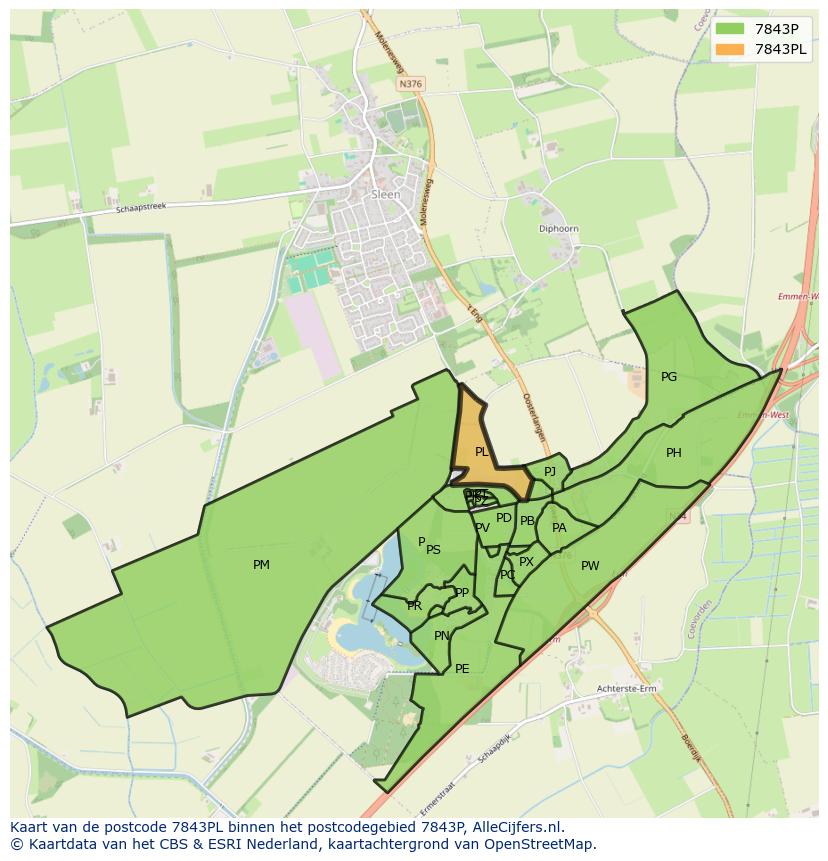 Afbeelding van het postcodegebied 7843 PL op de kaart.