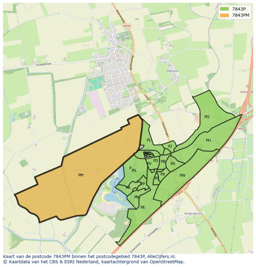 Afbeelding van het postcodegebied 7843 PM op de kaart.