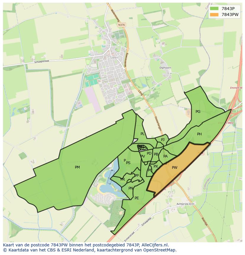 Afbeelding van het postcodegebied 7843 PW op de kaart.