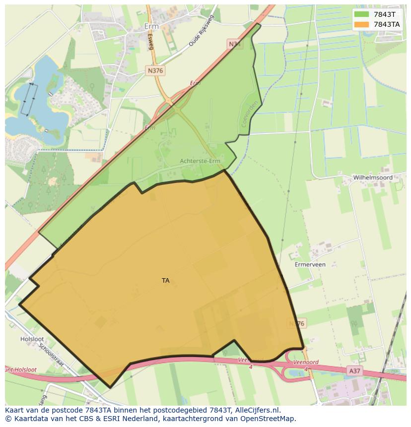 Afbeelding van het postcodegebied 7843 TA op de kaart.