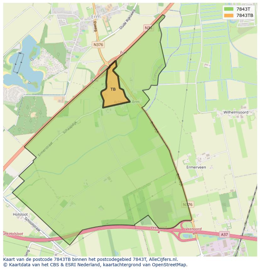 Afbeelding van het postcodegebied 7843 TB op de kaart.