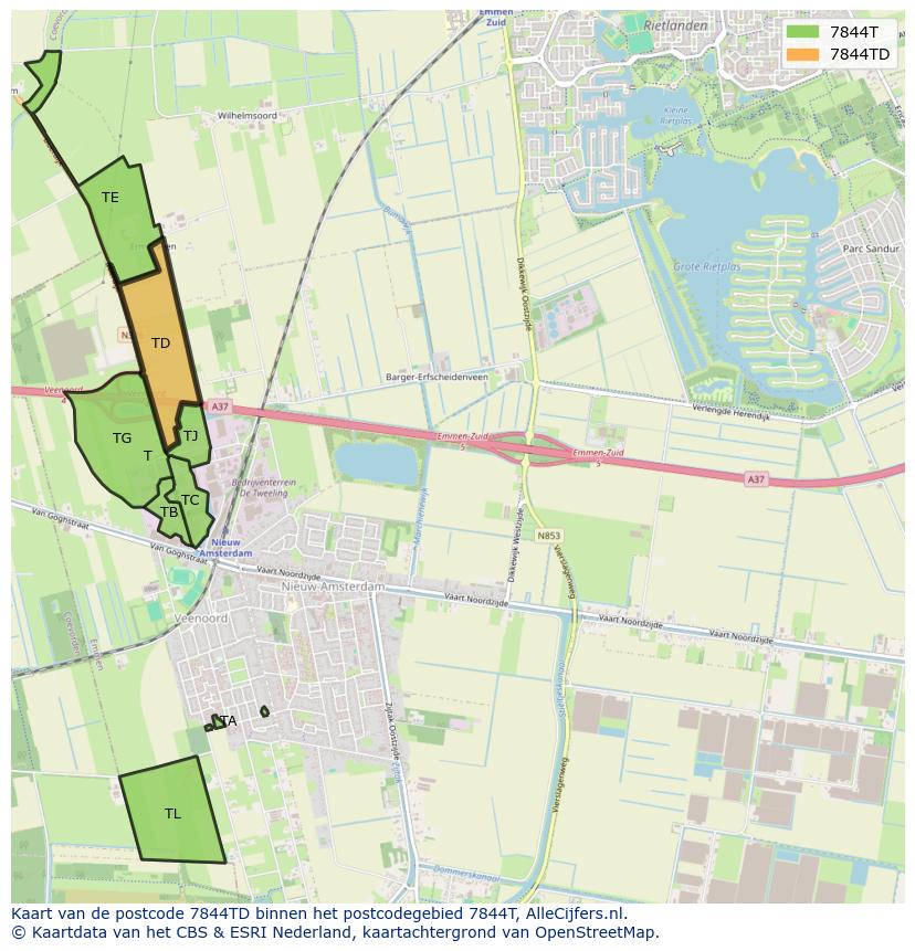 Afbeelding van het postcodegebied 7844 TD op de kaart.