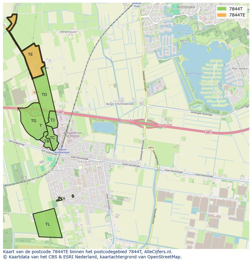 Afbeelding van het postcodegebied 7844 TE op de kaart.
