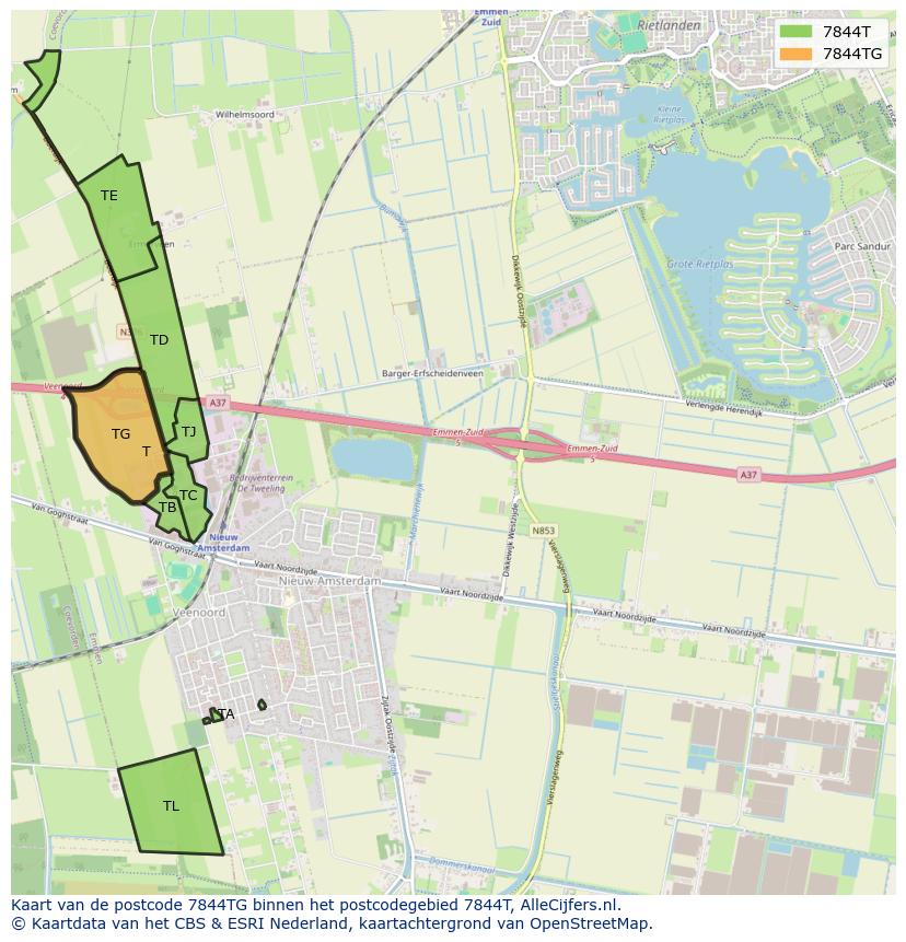 Afbeelding van het postcodegebied 7844 TG op de kaart.