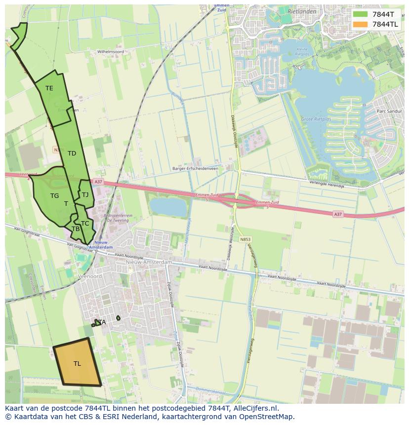 Afbeelding van het postcodegebied 7844 TL op de kaart.
