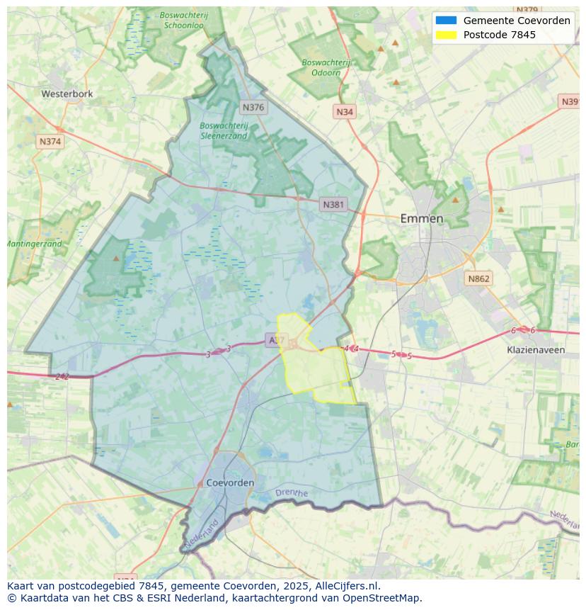 Afbeelding van het postcodegebied 7845 op de kaart.