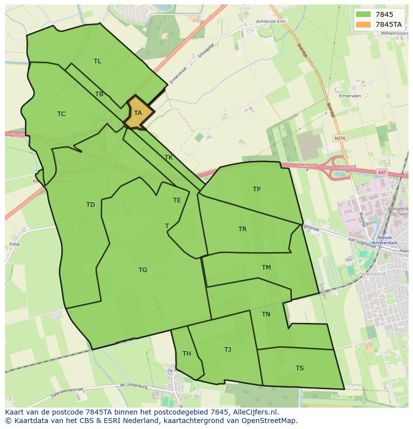 Afbeelding van het postcodegebied 7845 TA op de kaart.