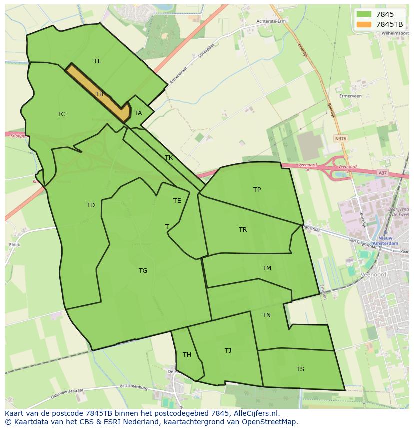 Afbeelding van het postcodegebied 7845 TB op de kaart.