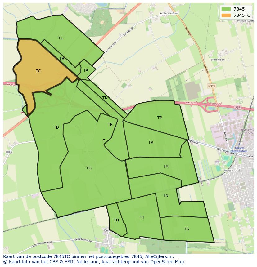 Afbeelding van het postcodegebied 7845 TC op de kaart.