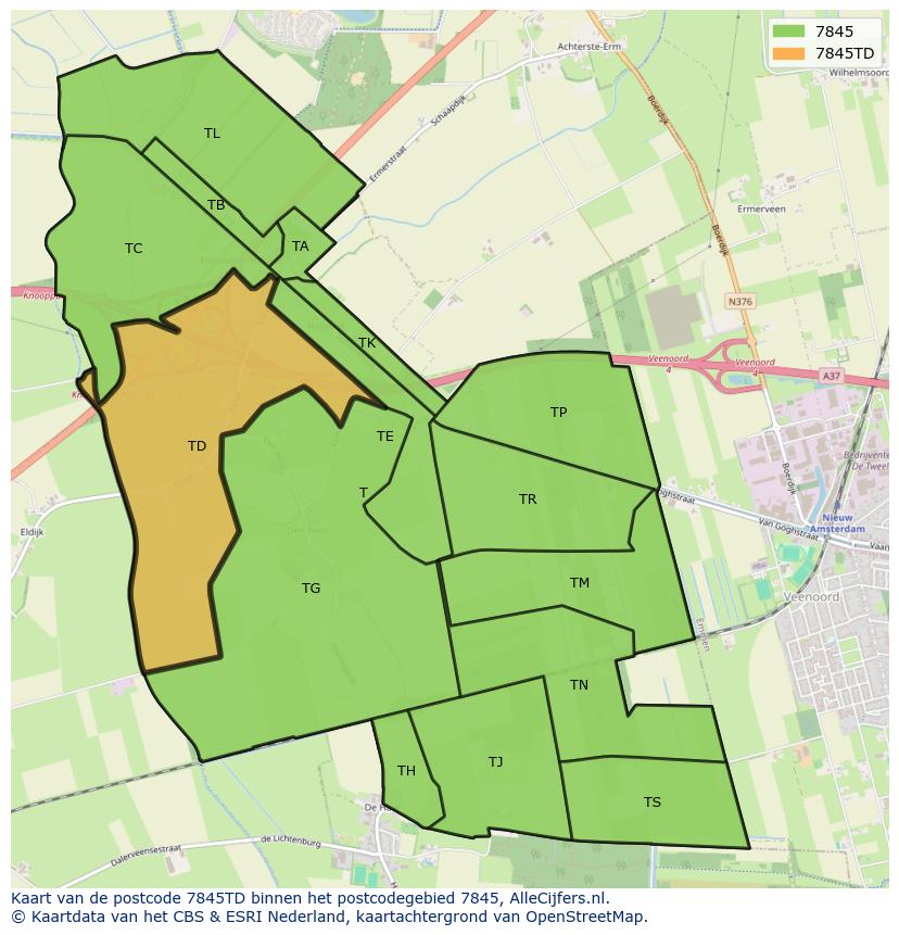 Afbeelding van het postcodegebied 7845 TD op de kaart.