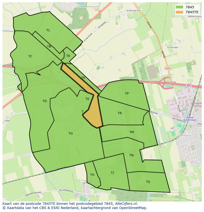 Afbeelding van het postcodegebied 7845 TE op de kaart.