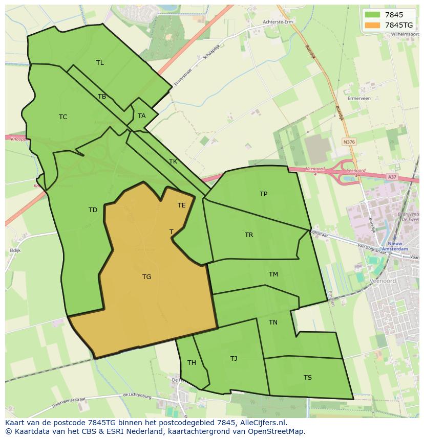 Afbeelding van het postcodegebied 7845 TG op de kaart.