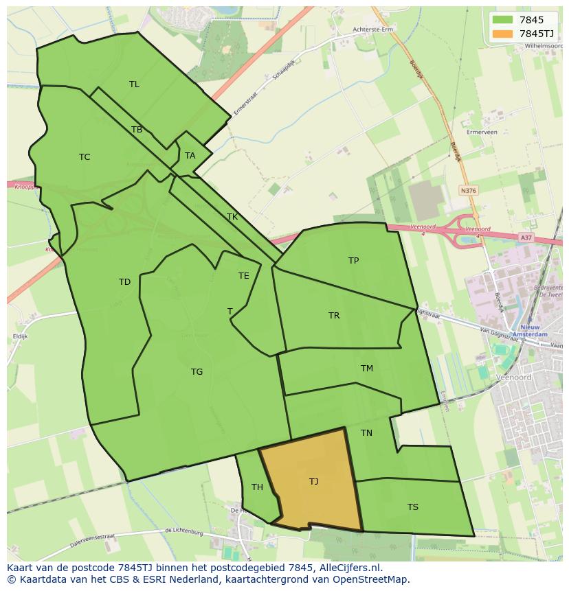 Afbeelding van het postcodegebied 7845 TJ op de kaart.