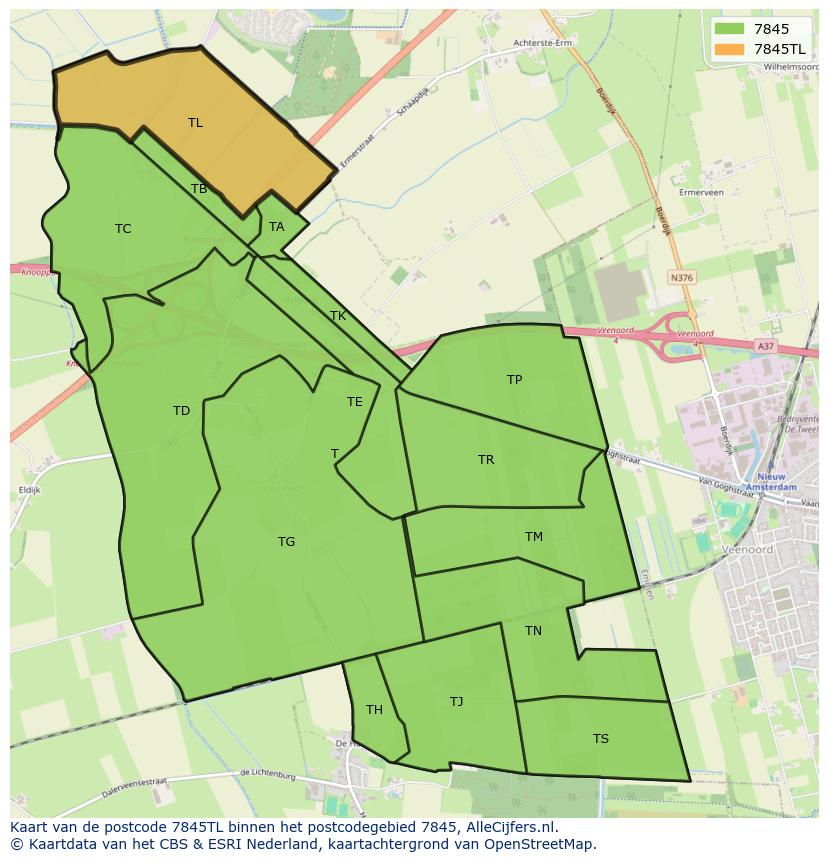 Afbeelding van het postcodegebied 7845 TL op de kaart.