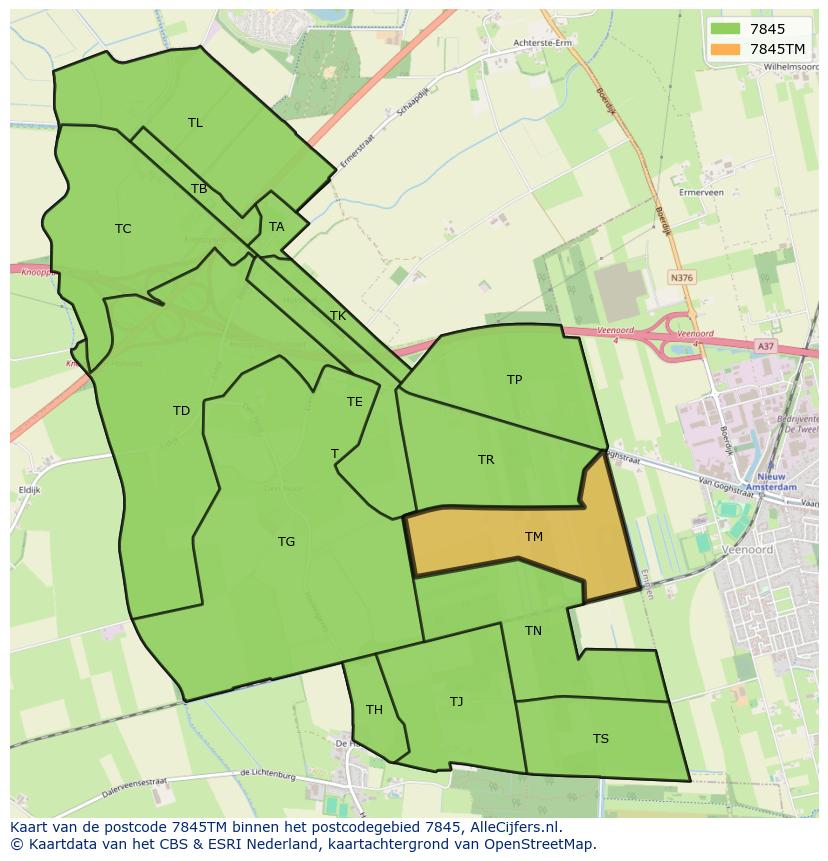 Afbeelding van het postcodegebied 7845 TM op de kaart.