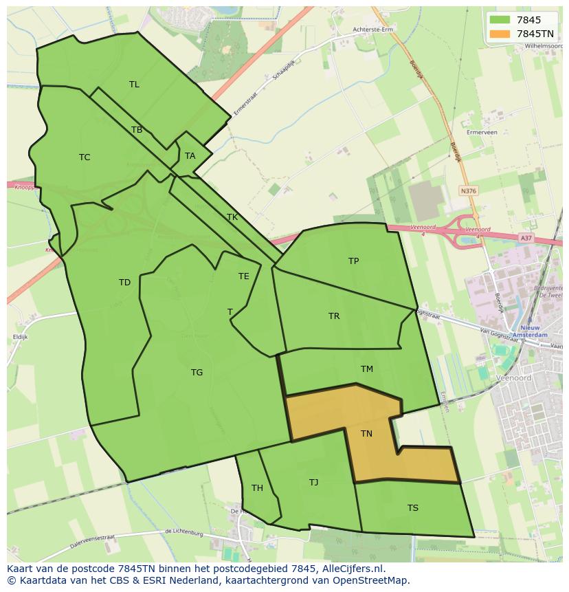 Afbeelding van het postcodegebied 7845 TN op de kaart.