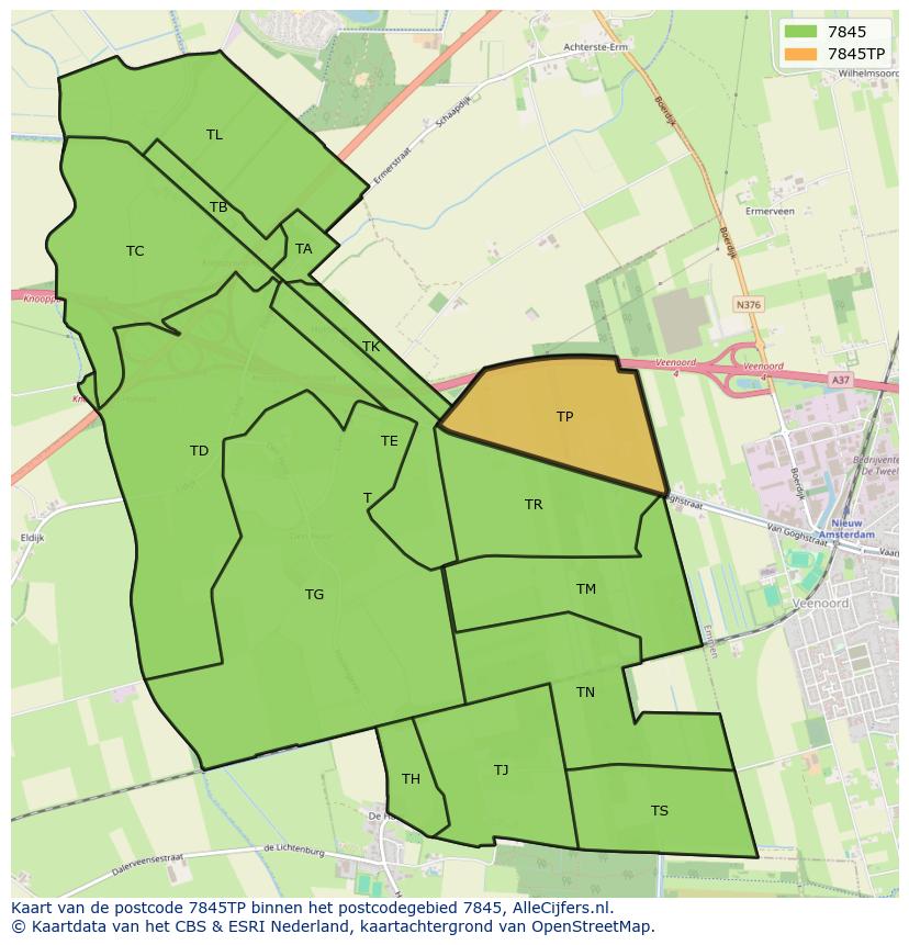Afbeelding van het postcodegebied 7845 TP op de kaart.