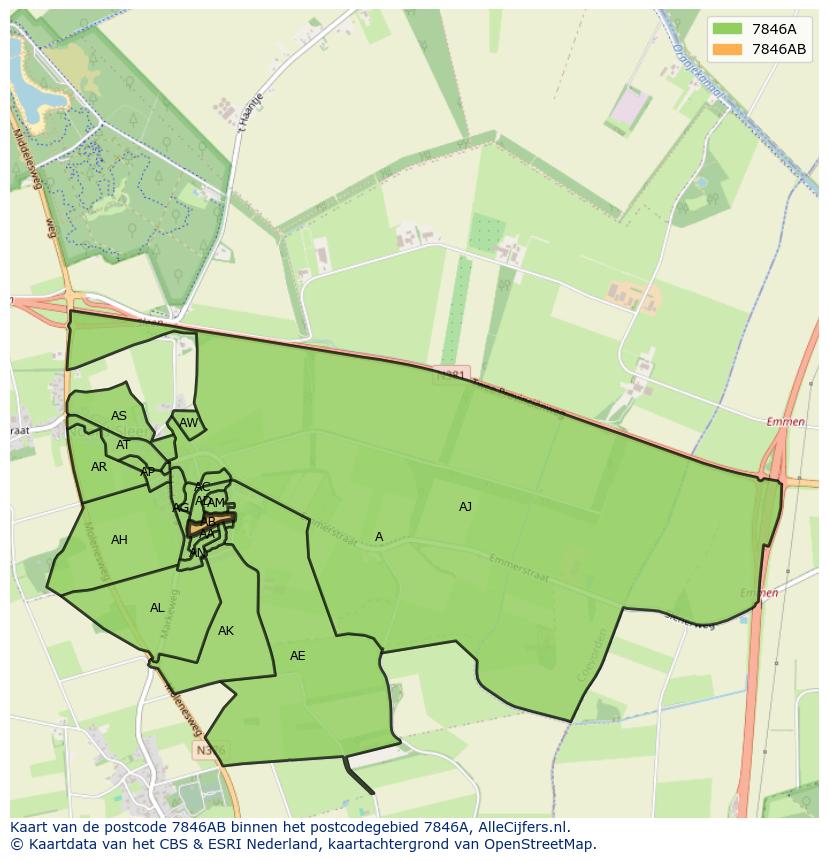 Afbeelding van het postcodegebied 7846 AB op de kaart.