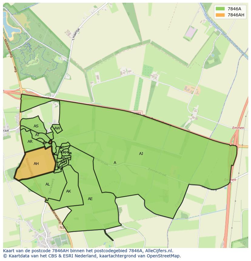 Afbeelding van het postcodegebied 7846 AH op de kaart.